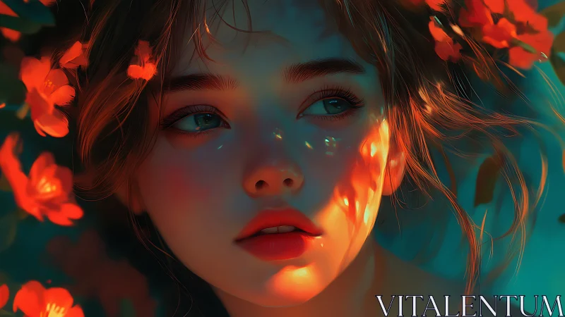 Digital portrait shows young woman in floral side lighting