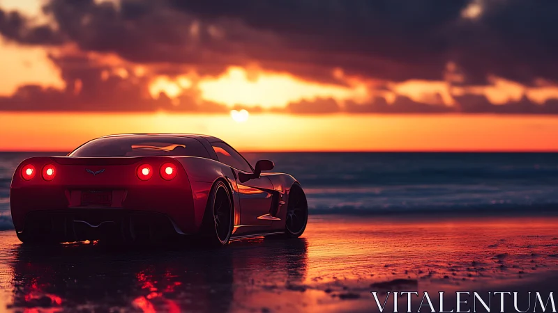 Red sports car reflects vivid sunset across wet shoreline