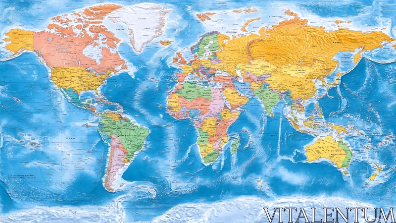 Political world map with shaded relief and ocean bathymetry.