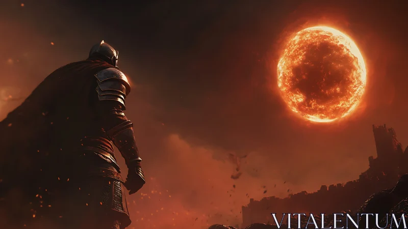 Lone armored knight gazing toward a burning crimson sun.