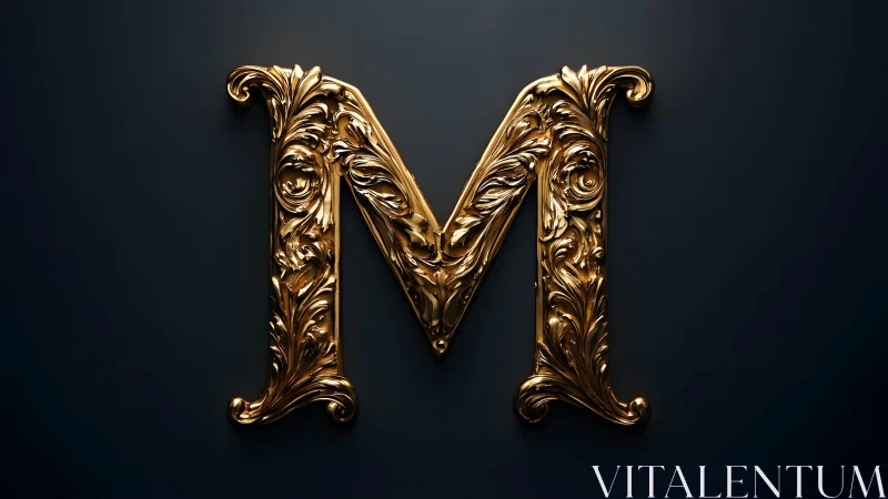 Ornate Golden Letter M on Dark Background in Baroque Style.