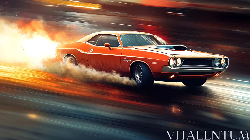 Orange muscle car tears through neon streaks at full speed.