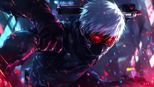 Masked cybernetic swordsman lunges through neon city streets