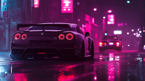 Neon drenched sports car glows softly in a rainy city night