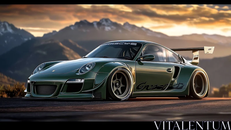 Sunlit green sports car rests boldly before misty mountains