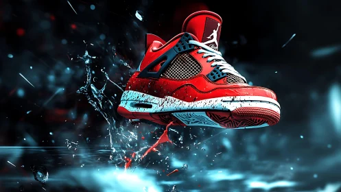 Explosive red sneaker bursts forward in dramatic motion