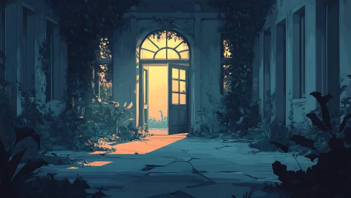 Sunlit doorway opens onto an overgrown abandoned courtyard.
