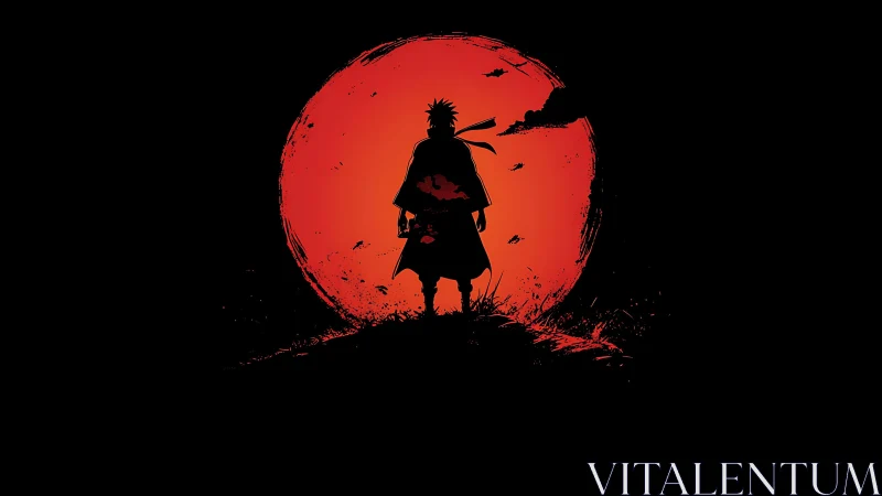 Silhouetted shinobi against distressed red solar disk.