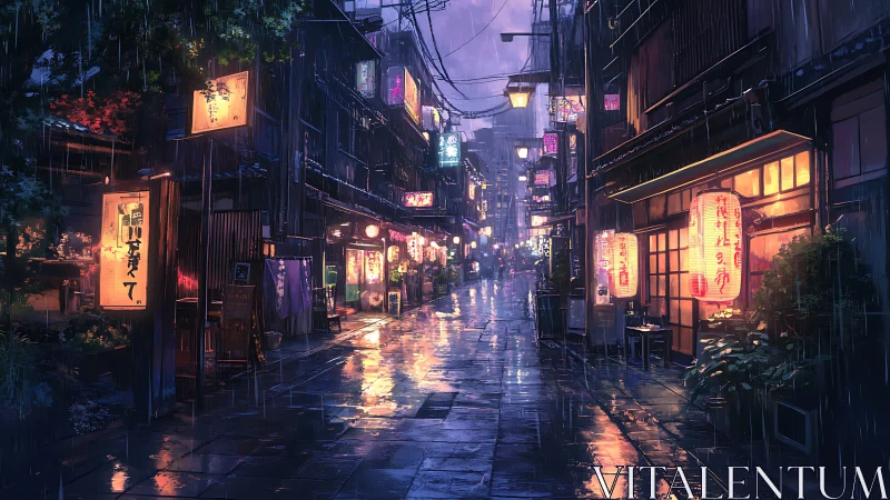 Nocturnal rain-slicked alley with lantern-lit shopfronts.