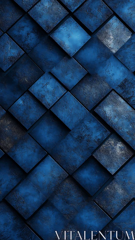 Textured blue geometric tiles form layered abstract grid.