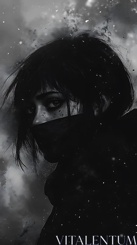 Masked figure in monochrome portrait with abstract particles.