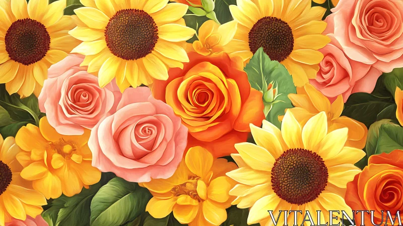 Sunflowers and Roses Dancing in Golden Light