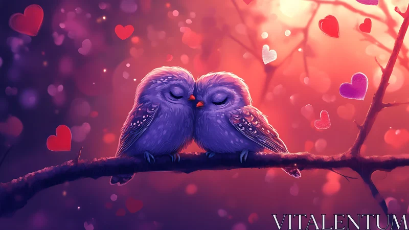 Two purple birds perched on branch with heart bokeh background
