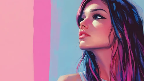 Neon-haired woman gazes upward beside pastel split background
