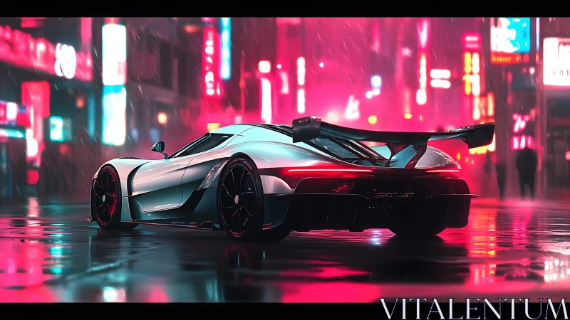 Neon soaked supercar glows against a rainy cyberpunk night street