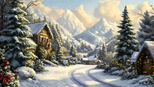 Snow covered mountain village with decorated cabins in winter.