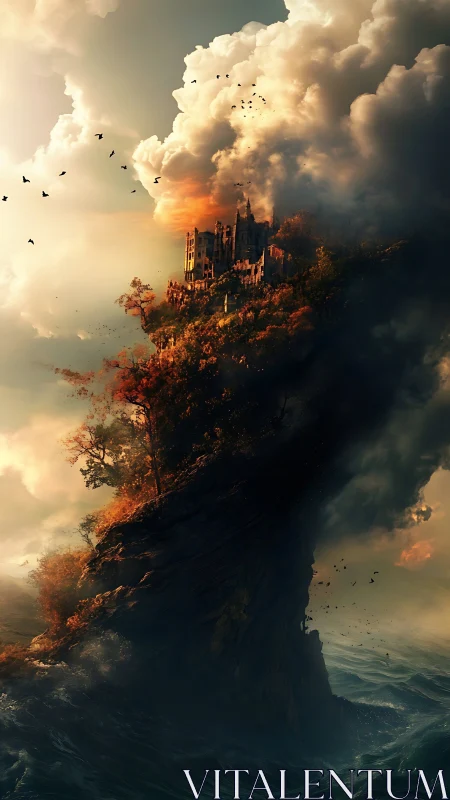 Medieval Castle Ablaze on Cliff Above Roiling Sea