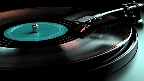 Glossy vinyl record spins under stylus on modern turntable