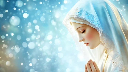 Serene veiled woman in prayer on soft blue bokeh background.