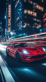 Red sports car on city street with motion blur at night.