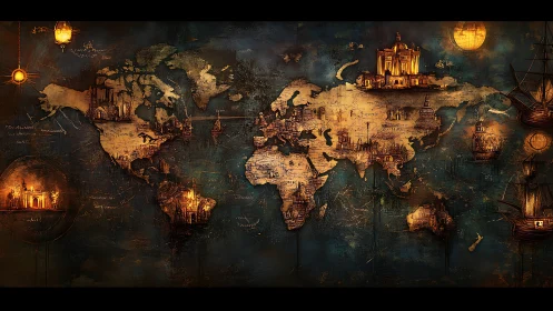 Illuminated fantasy world map with cities and ships.