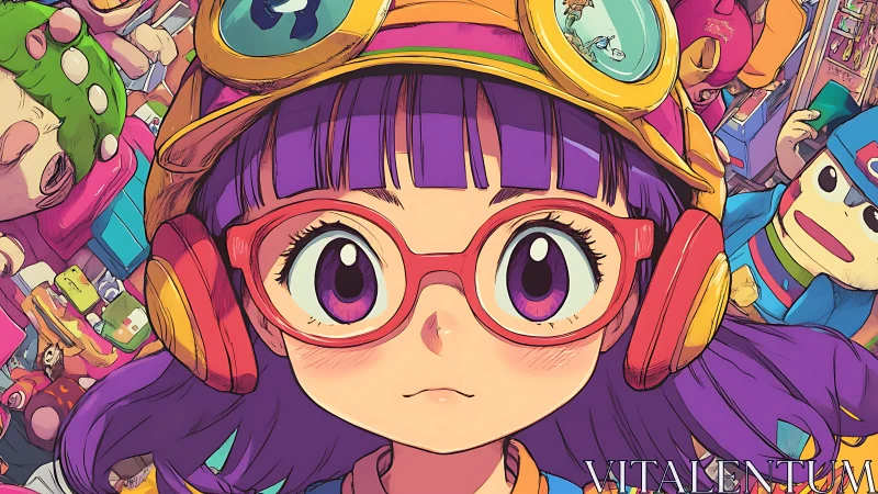 Retro anime girl with goggles and arcade toys portrait.