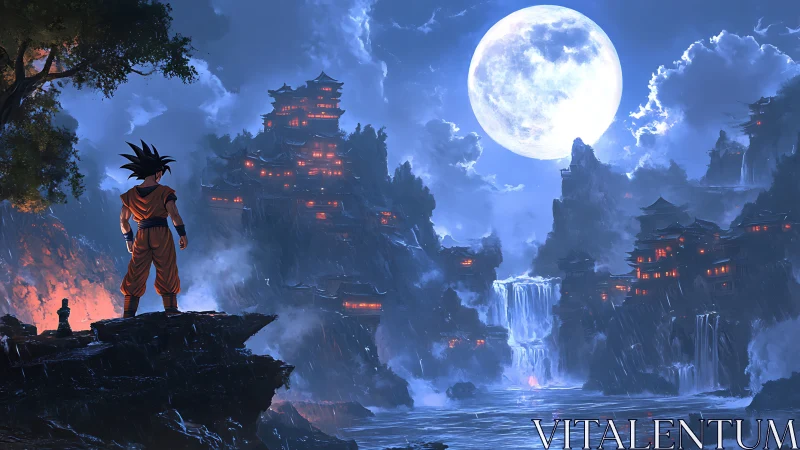 Silhouetted fighter observing illuminated cliffside temples at night.