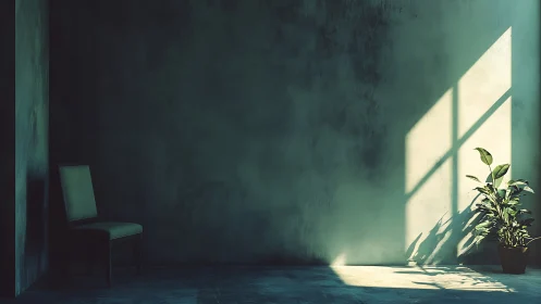 Diagonal window light isolates chair and plant in sparse room