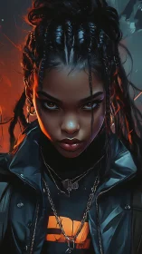 Fierce cyberpunk girl stares forward under neon firelight