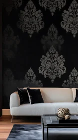 Neutral living room with dark damask wall and sofa.