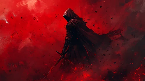 Hooded sword figure in red storm of abstract smoke.