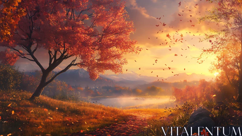 Autumn tree overlooks lake at sunset with distant mountains