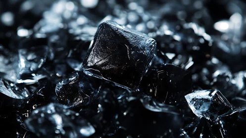 Macro close-up isolates glossy black ice cube in cold bokeh field