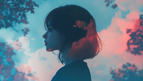 Dreamy skylit silhouette of a thoughtful young woman.