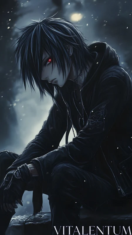 Brooding dark anime boy with glowing red eyes at night.