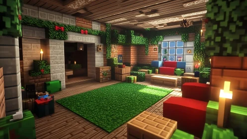 Minecraft-style block living room with greenery decor.