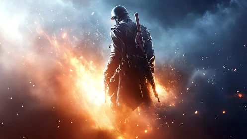 Backlit soldier silhouette in fiery battlefield environment.