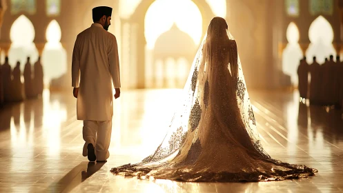 Gilded vows drifting through sunlit mosque shadows.