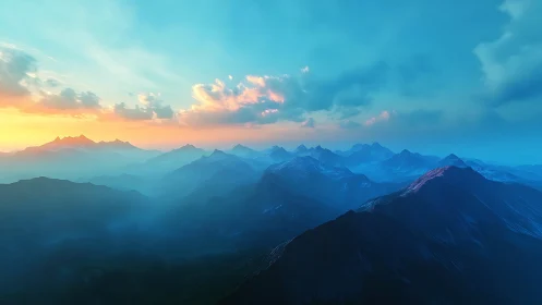 Vast blue mountain range under vivid sunrise sky.