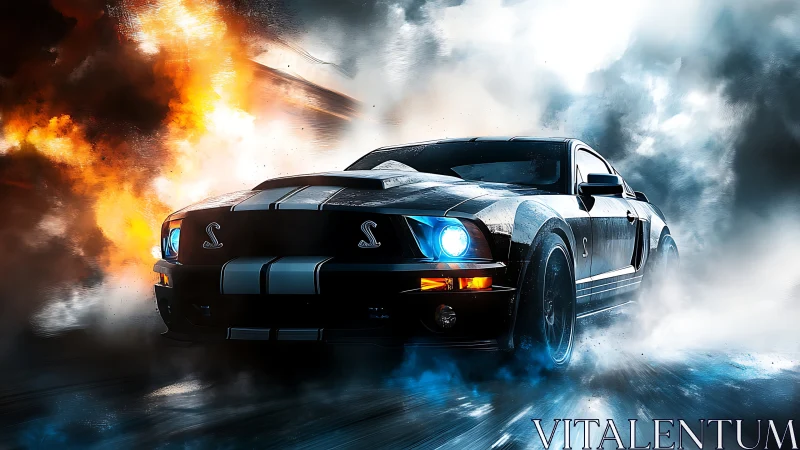 Muscle car accelerates through explosive, high-contrast vapor plume