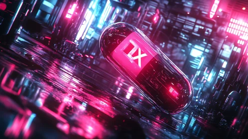 Neon pink capsule in futuristic cyberpunk lab scene.