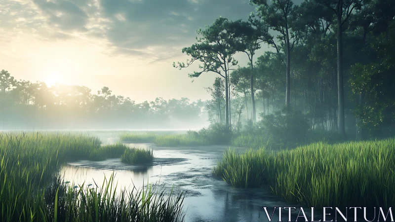 Sunlit wetland marsh renders atmospheric depth with misty light