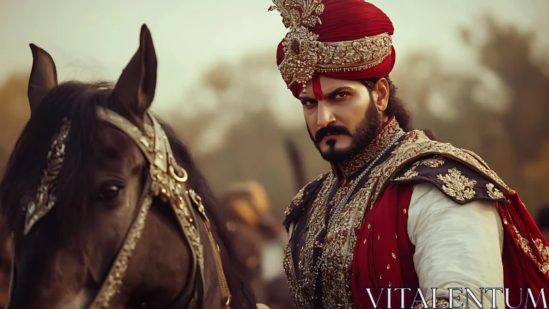 Regal warrior in ornate red turban commands armored black horse