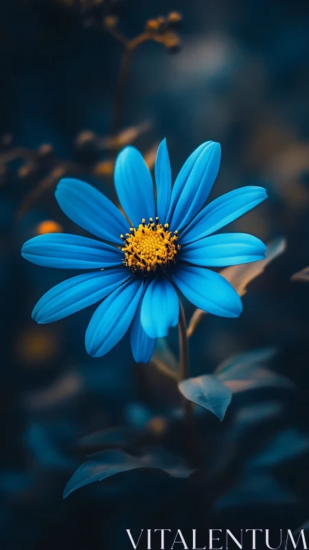 Blue daisy-form flower with yellow central disk in soft focus