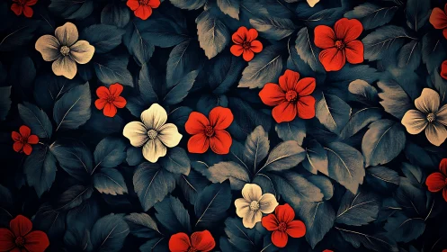 Floral arrangement with red and cream blooms against dark foliage background