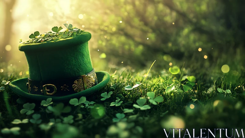 Sunlit shamrock hat resting softly in a dreamy green glade.