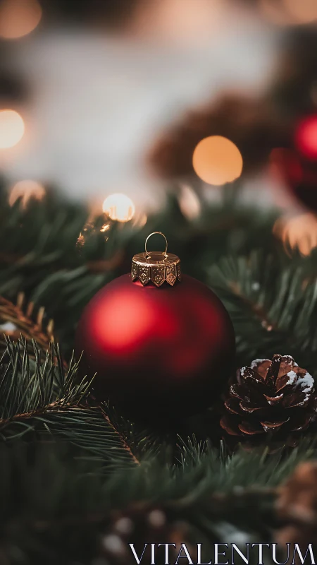 Red ornament rests on evergreen branches with pinecone