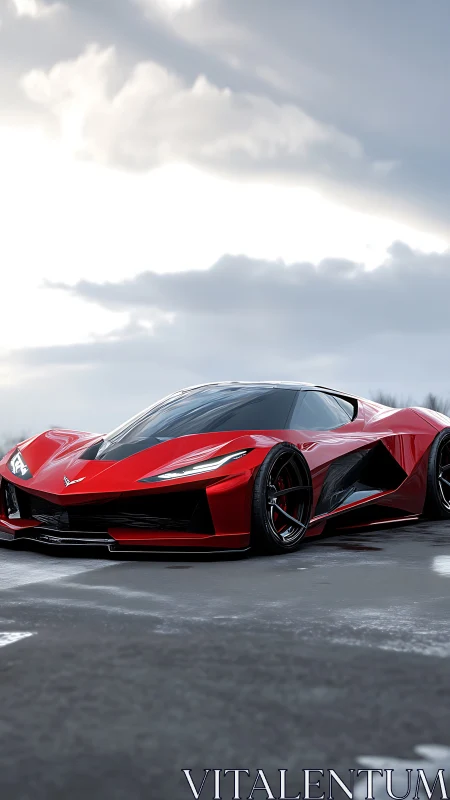 Red futuristic supercar concept on wet track at dusk.