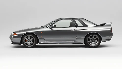 Profile view of grey two-door sports coupe on plain background.