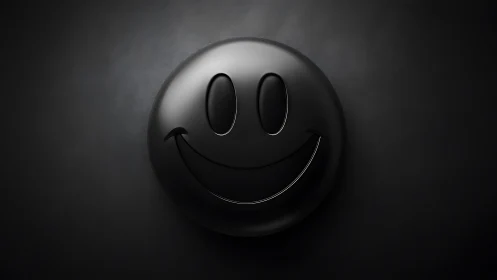 Monochrome smile emblem is rendered as glossy black disc